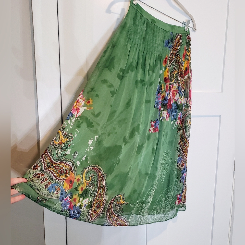 Soft Surroundings Maxi Skirt Pleated Green Floral Paisley Satiny Lined Size PXS - Picture 4 of 10